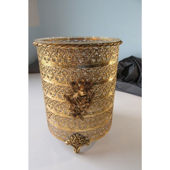 Matson Vintage Gold Filigree Plated Bird & Dogwood Waste Basket - Picture 1 of 11